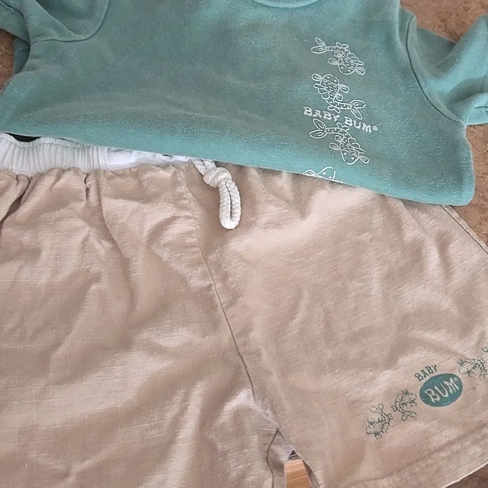 Baby Bum Equipment Retro Green Baby Onsie and Tan Shorts Set 18 Mth